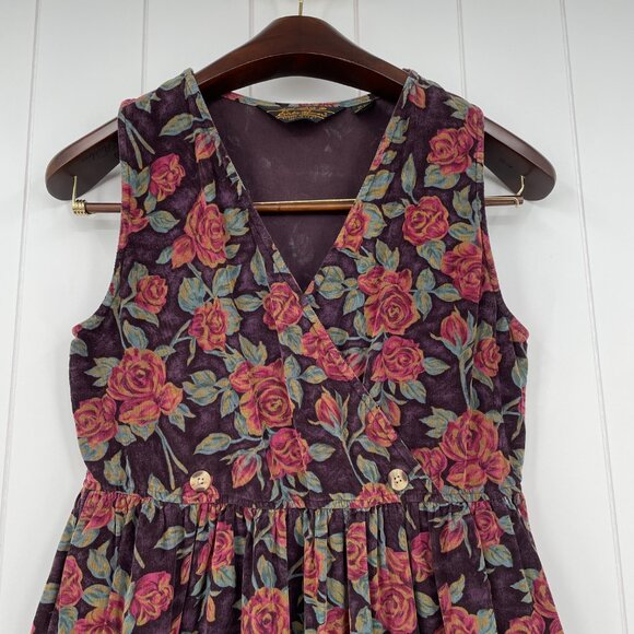 Vintage 90s Eddie Bauer Dark Floral Corduroy Midi Jumper Dress | Size S/M - Picture 5 of 10